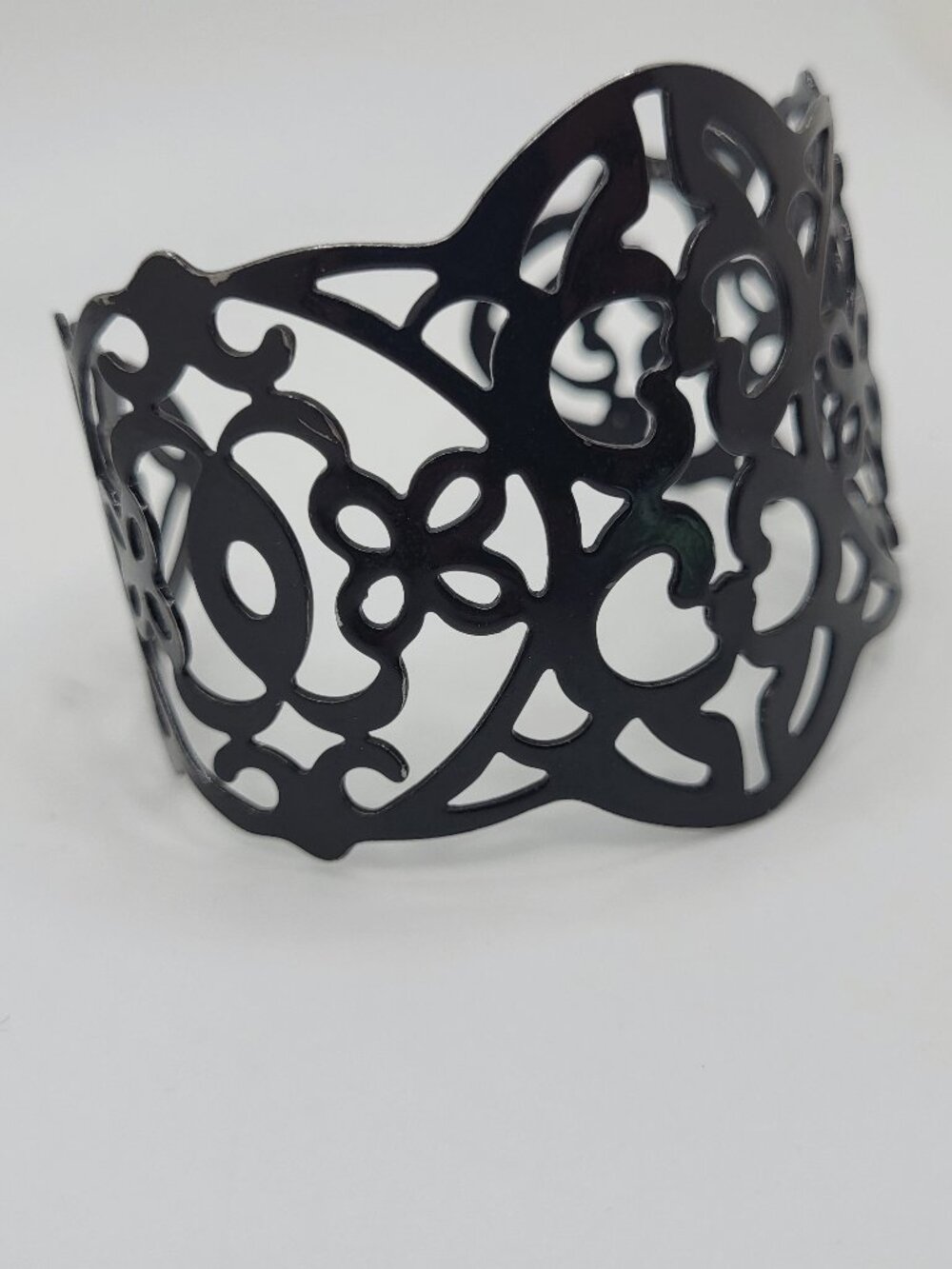 Black Enamel Adjustable Open Work Cuff Bracelet - Picture 3 of 7